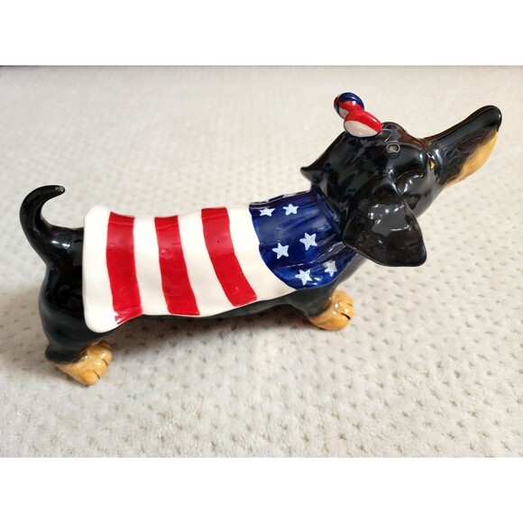 EUC BLUE SKY CLAYWORKS Heather Goldminc PATRIOTIC Flag BLACK DACHSHUND - Picture 2 of 10